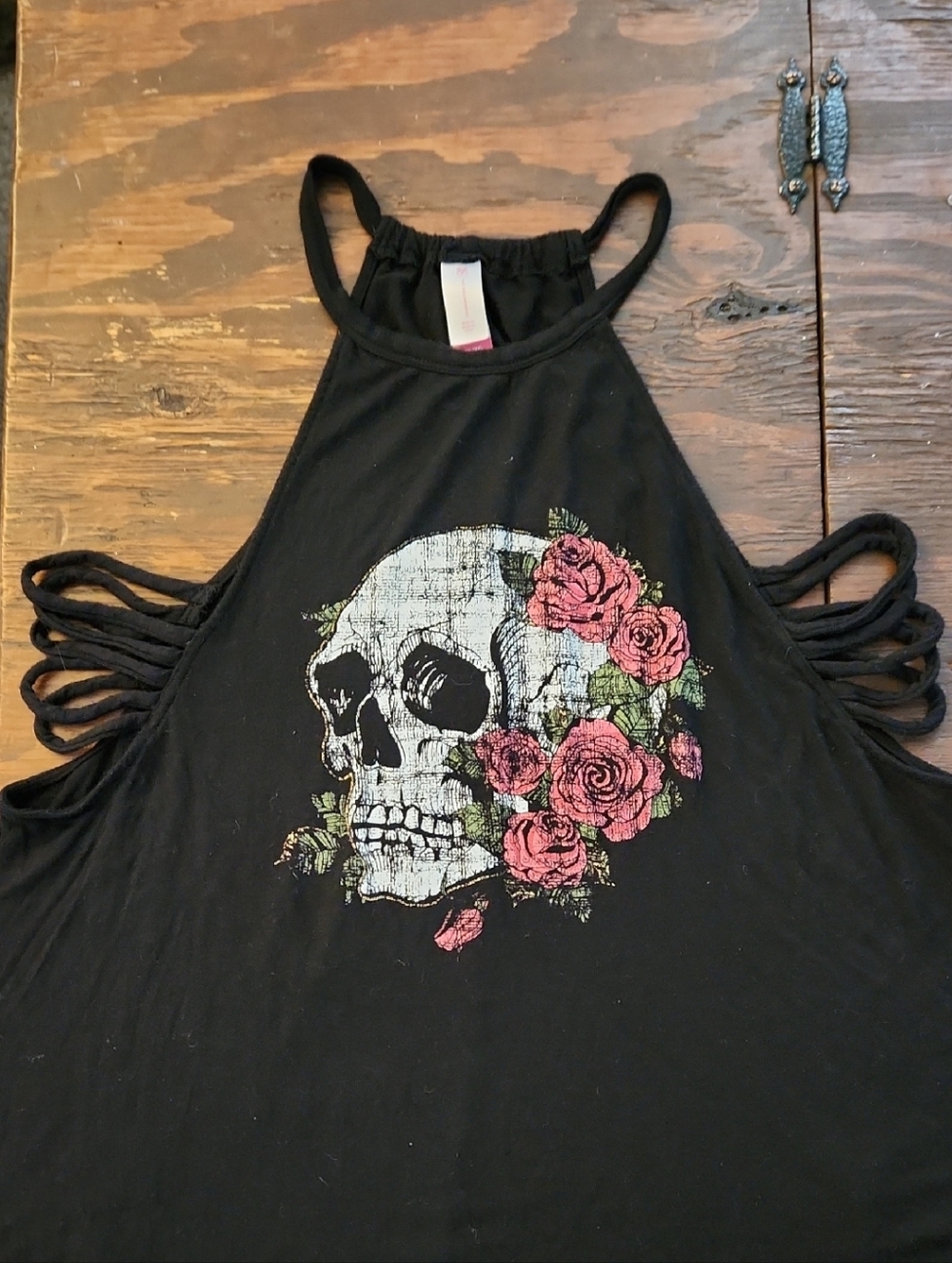 No Boundaries Black Halter Tank with Skull and Pink Rose Graphic Size XL